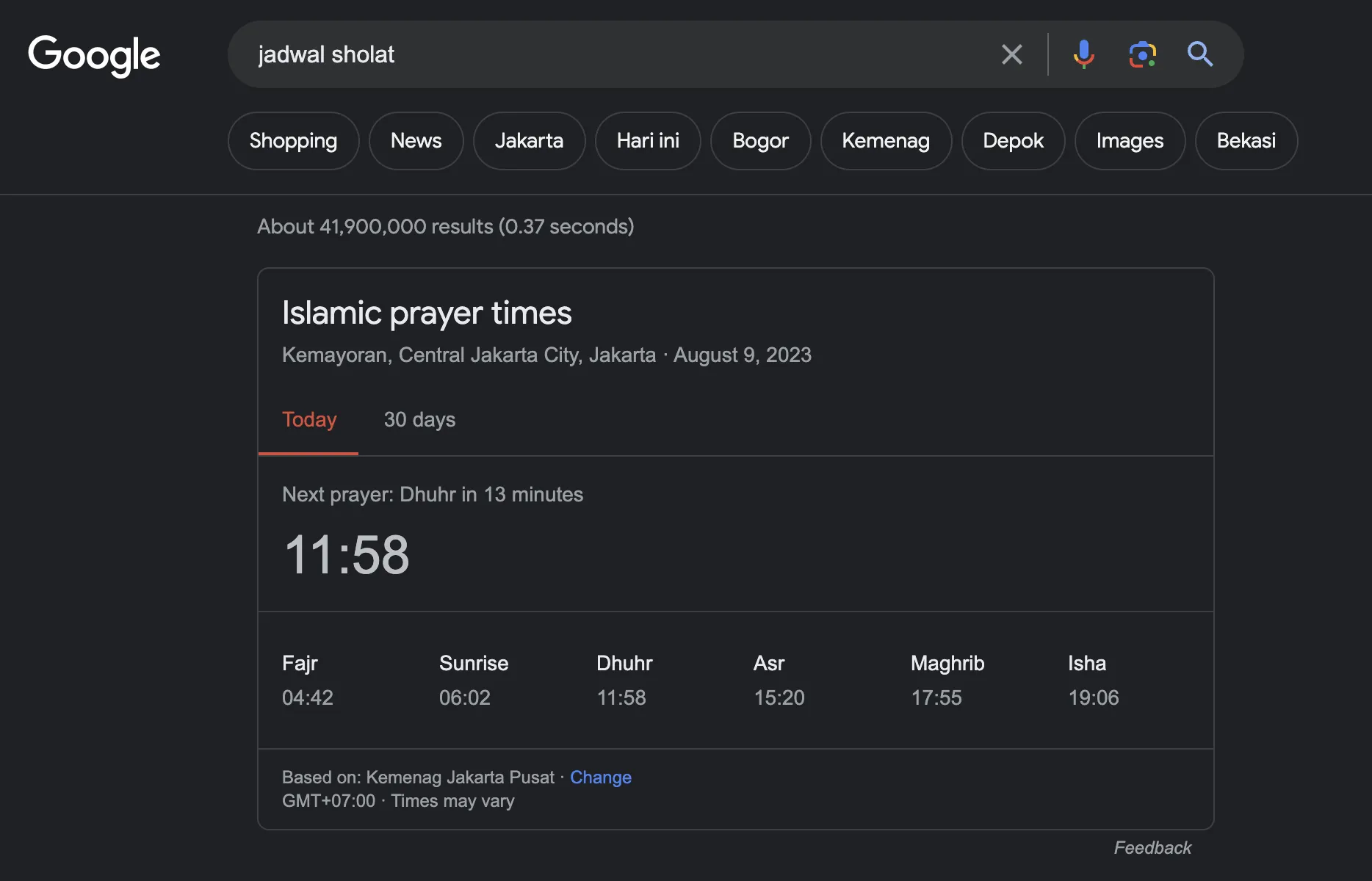 Google menampilkan jadwal sholat